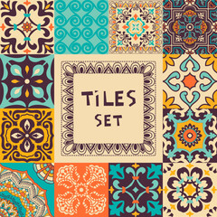 Collection of colorful tile with Islam, Arabic, Indian, ottoman motifs. Majolica pottery tile. Portuguese and Spain decor. Ceramic tiles. Vector illustration
