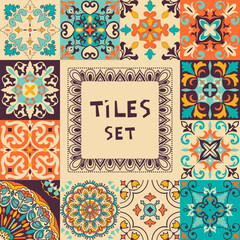 Collection of colorful tile with Islam, Arabic, Indian, ottoman motifs. Majolica pottery tile. Portuguese and Spain decor. Ceramic tiles. Vector illustration
