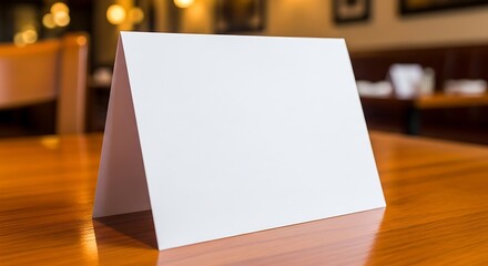 Blank white tent card sits on a polished wooden table in a restaurant, ready for a personalized message or menu item, creating anticipation and elegance.