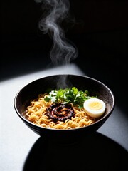 Steaming bowl of instant ramen noodles with egg and chili oil, a delicious and quick meal