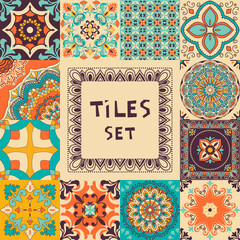 Collection of colorful tile with Islam, Arabic, Indian, ottoman motifs. Majolica pottery tile. Portuguese and Spain decor. Ceramic tiles. Vector illustration
