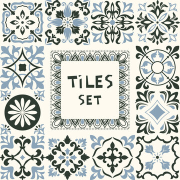 Set of tiles Azulejos in black, blue, white. Original traditional Portuguese and Spain decor. Seamless patchwork tile with Victorian motives. Ceramic tile in talavera style. Gaudi mosaic. Vector
