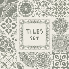 Set of tiles Azulejos in gray. Original traditional Portuguese and Spain decor. Seamless patchwork tile with Victorian motives. Ceramic tile in talavera style. Gaudi mosaic. Vector
