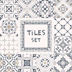 Set of tiles Azulejos in gray. Original traditional Portuguese and Spain decor. Seamless patchwork tile with Victorian motives. Ceramic tile in talavera style. Gaudi mosaic. Vector
