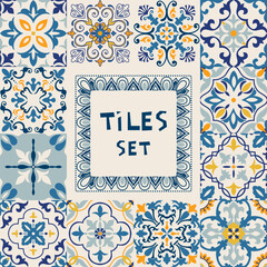 Set of tiles Azulejos in black, blue, white. Original traditional Portuguese and Spain decor. Seamless patchwork tile with Victorian motives. Ceramic tile in talavera style. Gaudi mosaic. Vector
