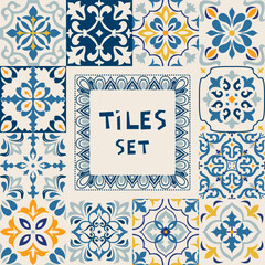 Set of tiles Azulejos in black, blue, white. Original traditional Portuguese and Spain decor. Seamless patchwork tile with Victorian motives. Ceramic tile in talavera style. Gaudi mosaic. Vector
