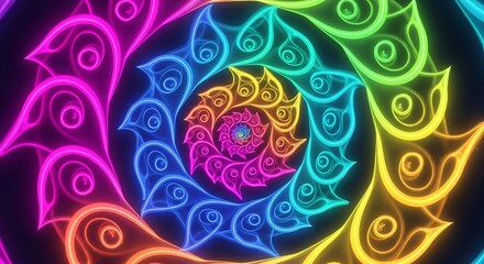 Vibrant fractal kaleidoscope unfolds in a symphony of rainbow hues, radiating a mesmerizing pattern on dark backdrop