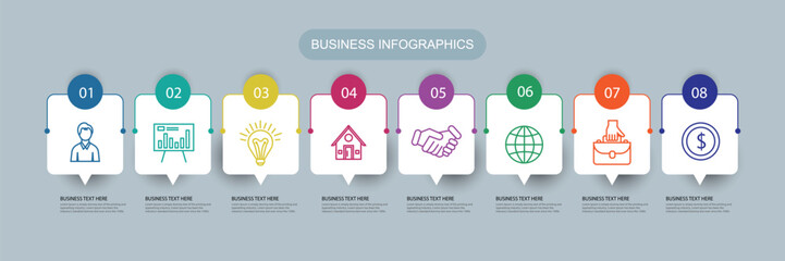 Vector infographic business design template with icons and 8 options or steps. Can be used for presentations banner