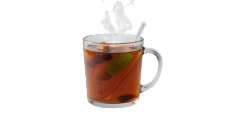 Steaming hot herbal spiced tea in glass mug isolated on black background