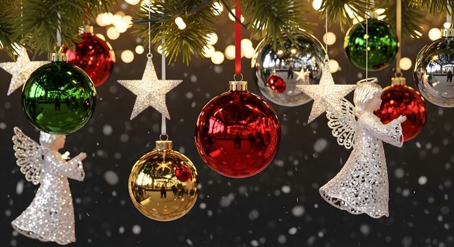 Close-up of festive Christmas ornaments including shiny baubles and angelic figures hanging from a decorated tree with bokeh lights in the background.