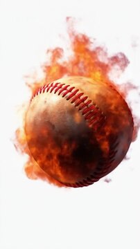 Burning baseball engulfed in flames, close-up of scorched sphere with red stitching.with heat glow!!