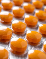 Orange-colored pills in blister pack, tightly packed, close-up, detail