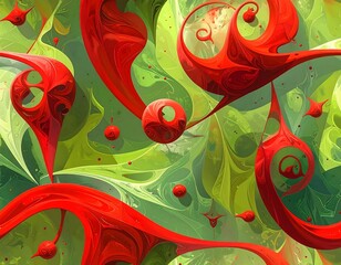 Abstract artwork featuring swirling red shapes set against green foliage