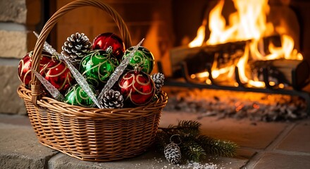 A woven basket filled with festive Christmas ornaments and pinecones sits on a stone hearth in front of a roaring fireplace.