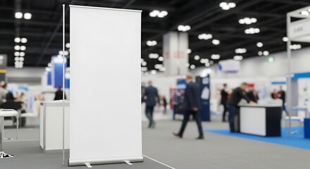 Blank white banner stands tall at bustling trade show hall, awaiting branding and attracting attention in a modern business environment.