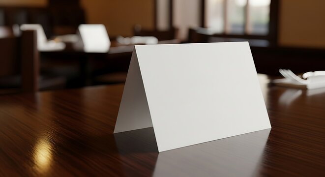 Blank white tent card stands on polished wooden table in empty restaurant awaiting guests for a special event, creating anticipation and elegance.