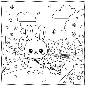 Vector illustration coloring page of a cute bunny walking a small dog in a sunny park with cherry blossoms and butterflies, hand drawn kawaii cartoon for kids