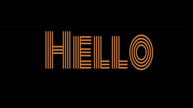 Seamless looping animation text on featuring the word "HELLO" displayed prominently on a light, transparent background. Stylized font composed of parallel vertical and horizontal lines.