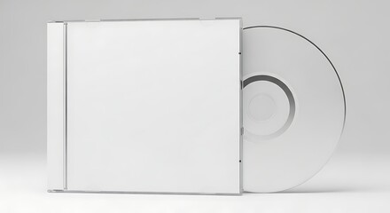 Blank white cd case and disc sitting on a white surface, ready for branding and design, offering a clean and modern presentation.