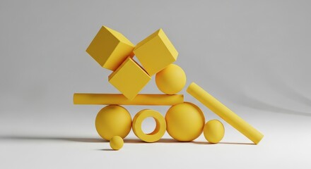 Abstract yellow geometric shapes balanced precariously