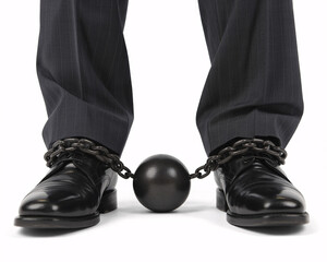 Businessperson's feet shackled by chains and ball, symbolizing constraints, debt, limitations, and financial burden in career or life choices