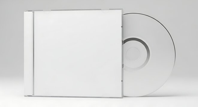 Blank white cd case and disc sitting on a white surface, ready for branding and design, offering a clean and modern presentation.