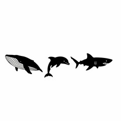Simple Silhouette Whale Dolphin Shark Sea Animals Marine Wildlife Illustration