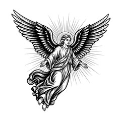 Obraz premium Biblical Angel in Flight Elegant Ink Style, Woodcut Inspired Engraving