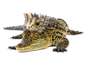 Naklejka premium Close-up of a juvenile dwarf crocodile on a white background, studio shot.