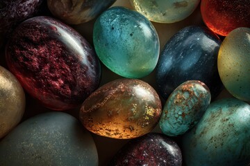 Polished Gemstones - A Colorful Array of Translucent Stones with Intricate Patterns.
