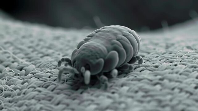Video close-up mite crawling on textile surface under microscope view