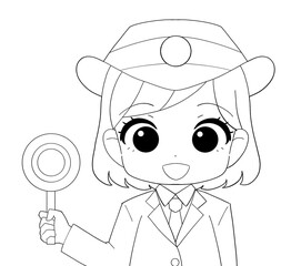 長袖の制服を着た女性駅員のかわいい白黒イラスト