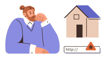 Thoughtful man with hand on chin, house symbol, and bug alert on browser bar. Ideal for cybersecurity, data protection, decision-making, risk awareness, technology, online safety simple flat