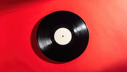 Close up of a black vinyl record with a white label on a vibrant red background with subtle dust particles scattered across the surface