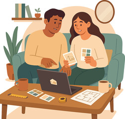 Couple planning a small home renovation online, viewing interior design ideas and color palettes on a laptop with blueprints, illustrating house project collaboration vector
