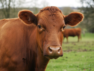 Close-up portrait of a majestic brown cow in a lush green pasture, embodying rural tranquility and farm life, perfect for agricultural projects