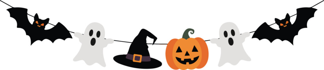 A halloween garland with bats and ghosts halloween, garland, bats, ghosts, pumpkin, hat, decoration, festive, string, hanging, celebration, holiday