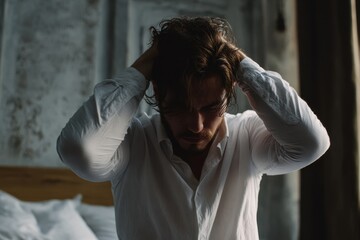 Two men are seated on the bed stressed A young man in a white shirt has his hands on his head due to pain Avoid focusing on objects