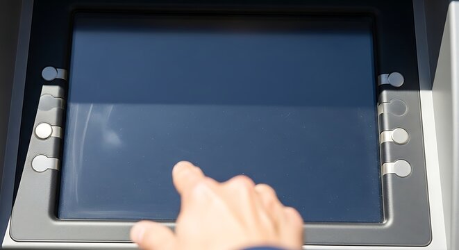 Finger touches the blank screen of an ATM machine in a public space, highlighting the interaction with technology and financial transactions in a modern setting. - Powered by Adobe