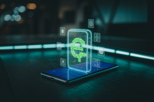 Smartphone hologram euro symbol arrow fintech surreal fantasy digital finance background
