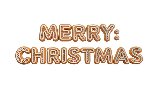 Gingerbread Merry Christmas text with icing and sprinkles, isolated