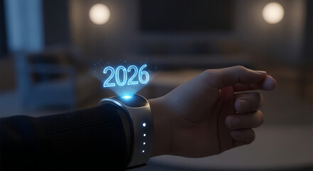 A futuristic smartwatch displays the year 2026 as a holographic projection on a person's wrist.