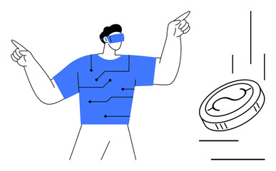 Man wearing VR headset pointing, circuitry on shirt symbolizing technology, virtual coin in motion. Ideal for technology, virtual currency, innovation, digital economy, future concepts, gaming