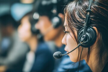 Office workers in headsets assist remote clients or coworkers offering support via phone and video calls