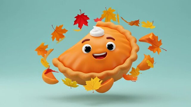 Animated pie character surrounded by autumn leaves on a teal background