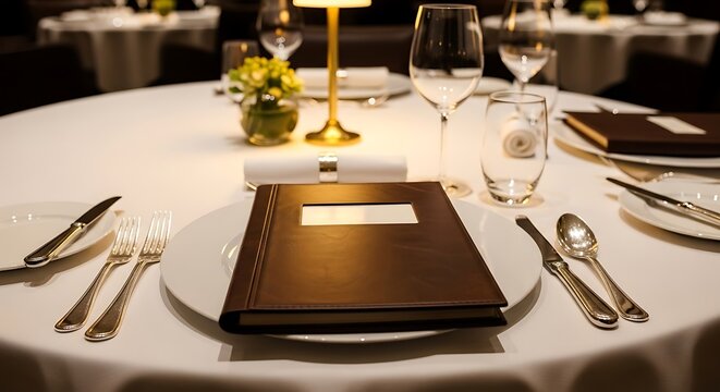 Elegant table setting presents menu at upscale restaurant with fine silverware and glassware for a sophisticated dining experience.