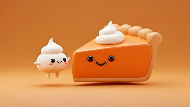 Animated pumpkin pie slice with whipped cream on an orange background