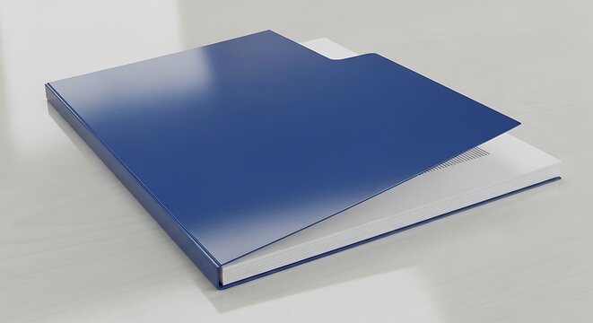 Blue folder rests on a white surface, suggesting organization and professionalism in a clean, modern office environment, conveying efficiency and focus.