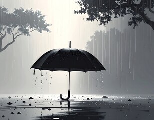 A stark grayscale illustration shows an open umbrella in a downpour, reflecting in a flooded surface beneath trees. The scene evokes melancholy