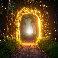 Obraz premium A glowing archway leads into a bright forest pathway